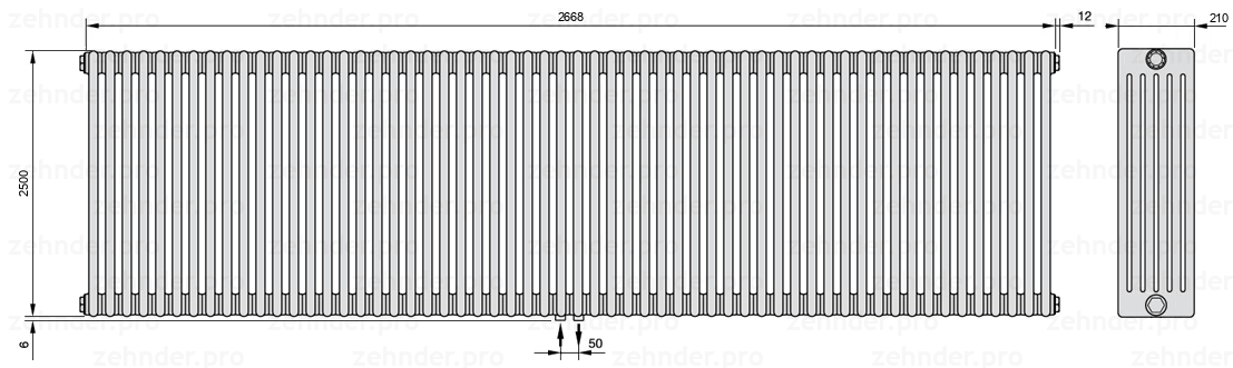 Схема (чертеж) Радиатор Zehnder Charleston 6250/58 №3470 Белый глянцевый RAL 9016